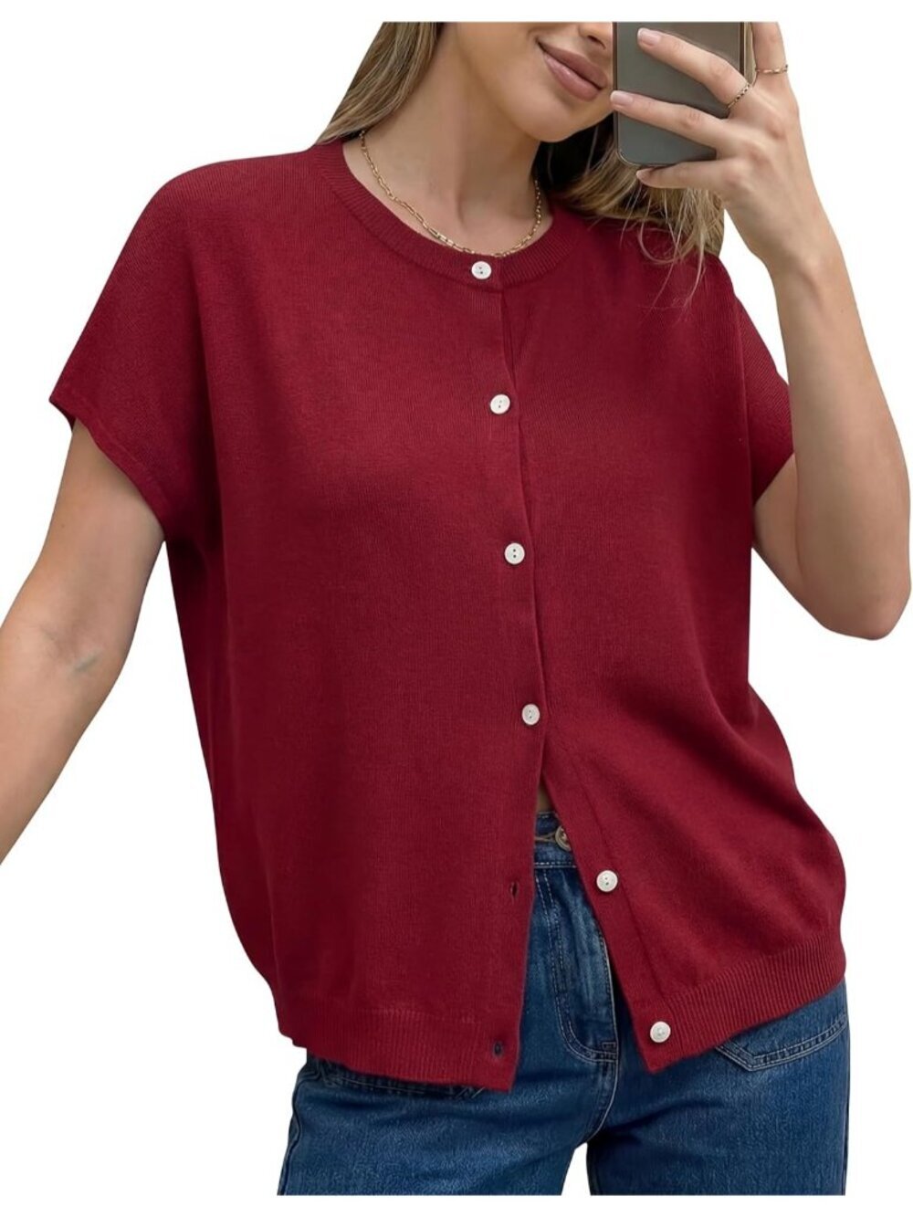 Women's Burgundy Short Sleeve Wool Blend Oversized Imported Casual Sweater Top